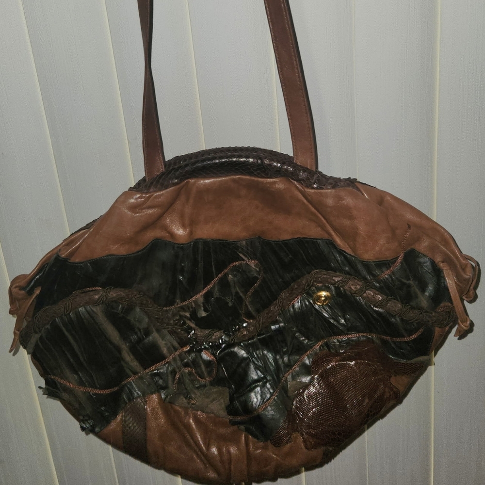 Vintage Carlo Fiori Brown and Black Shoulder Boho Bag with Patchwork Design